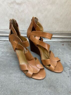 Nine West Cognac Leather Strappy Wedge Sandals